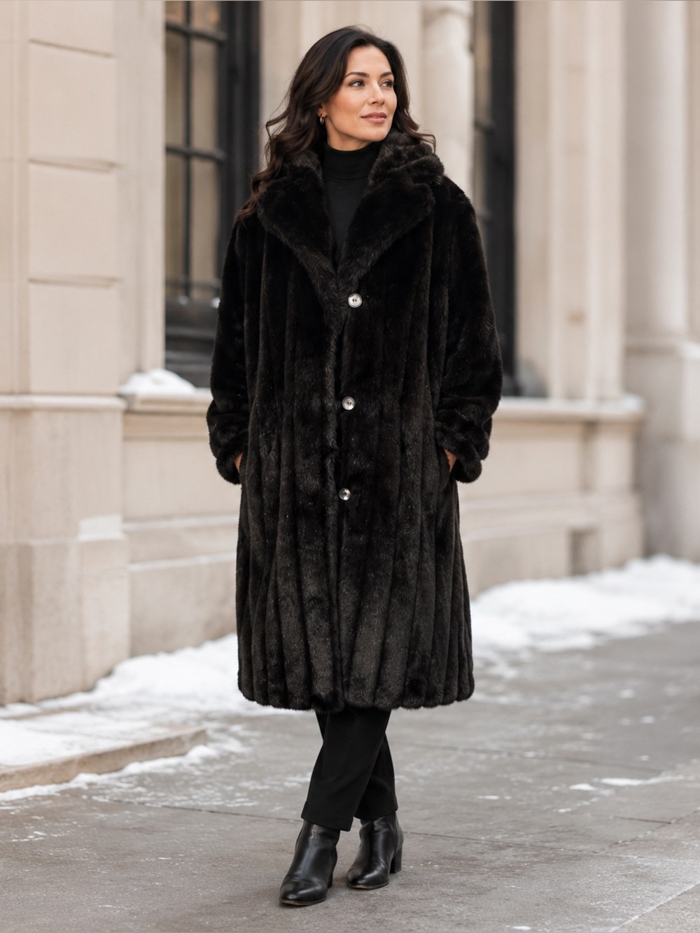 Women’s Black Faux Mink Fur Long Coat Cuffed Sleeve
